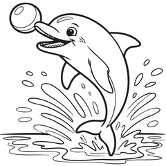 Dolphin Playing with Ball Line Art,Ocean Scene Coloring Page