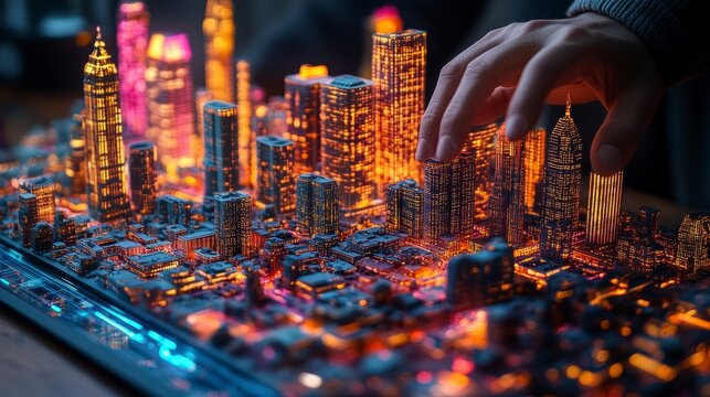 Miniature cityscape illuminated with colorful lights, a hand hovering above a skyscraper