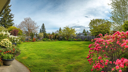 Fototapeta premium A vibrant spring garden scene where blooming flowers and a lush green lawn create a panoramic view of natural beauty