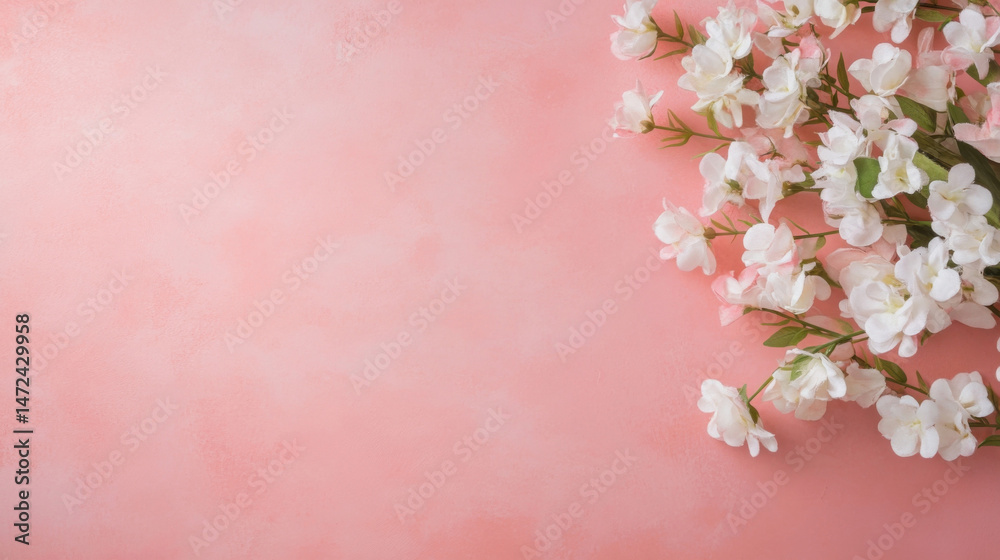 Poster delicate white blossoms arranged on a soft pink textured background, creating a serene and elegant f