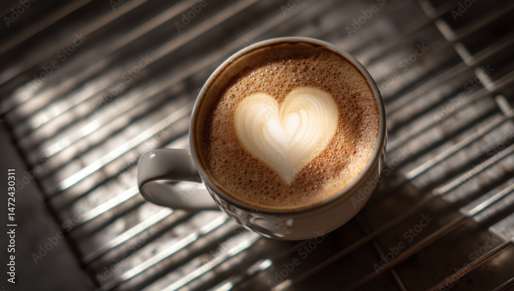 Poster A cup of cappuccino with a heart-shaped latte art sits on a metallic surface, bathed in sunlight, creating a warm and inviting atmosphere. : Generative AI