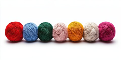 Colorful yarn balls arranged in a row on white background, concept of knitting, crochet or handicraft supplies