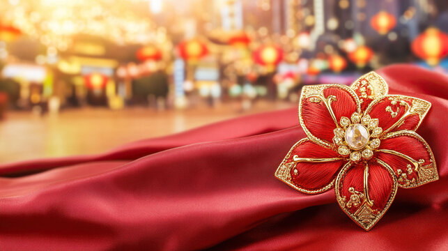 Close-up of a red bauhinia brooch on silk, golden light on petals, festive city backdrop - celebrating Hong Kong's establishment day with elegance.