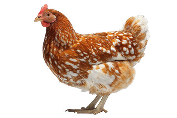 Fototapeta premium Beautiful brown speckled hen isolated on studio shot of a domestic chicken bird farm animal poultry feather texture brown on transparent background