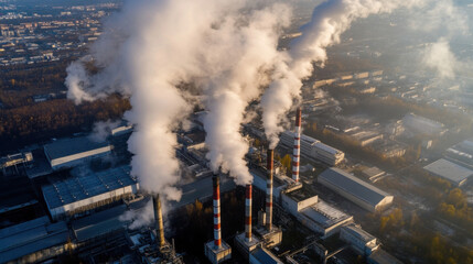 Aerial view of industrial plant emitting thick plumes of smoke into the atmosphere on a sunny day, showcasing multiple tall chimneys and surrounding urban landscape. : Generative AI