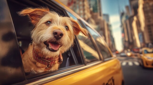 Happy dog looking out of a yellow taxi cab window in New York City, enjoying the urban cityscape view. : Generative AI