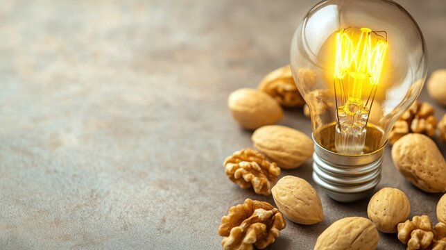 Glowing light bulb surrounded by walnuts and almonds on a rustic surface, representing ideas and inspiration. : Generative AI