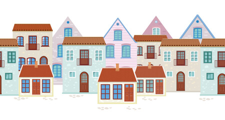 seamless border with tiny cute buildings. panoramic background of cartoon cozy houses.