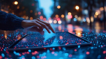 Person touches a screen displaying vibrant red and blue digital lights in an urban setting