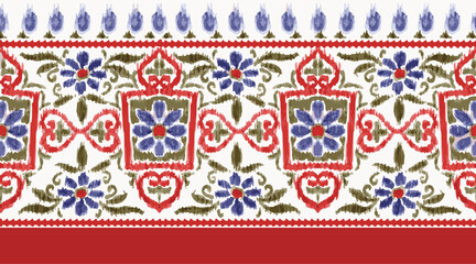 abstract seamless hand drawn ethnic border design in ikat print. traditional mughal border. azetec pattern border design. Geometric Vector Textile Border Design.