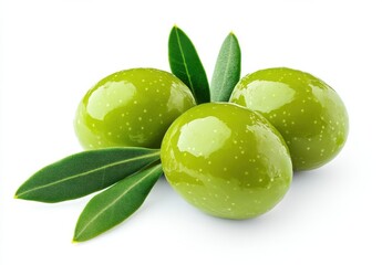 Obraz premium Three ripe green olives with fresh olive leaves, isolated on a white background. A perfect image for culinary, healthy food, or Mediterranean themes. : Generative AI