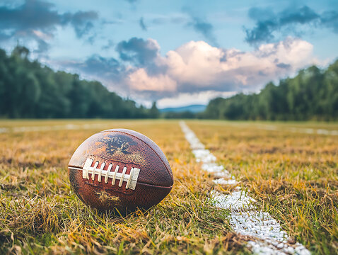 Worn football with field, and sunset.