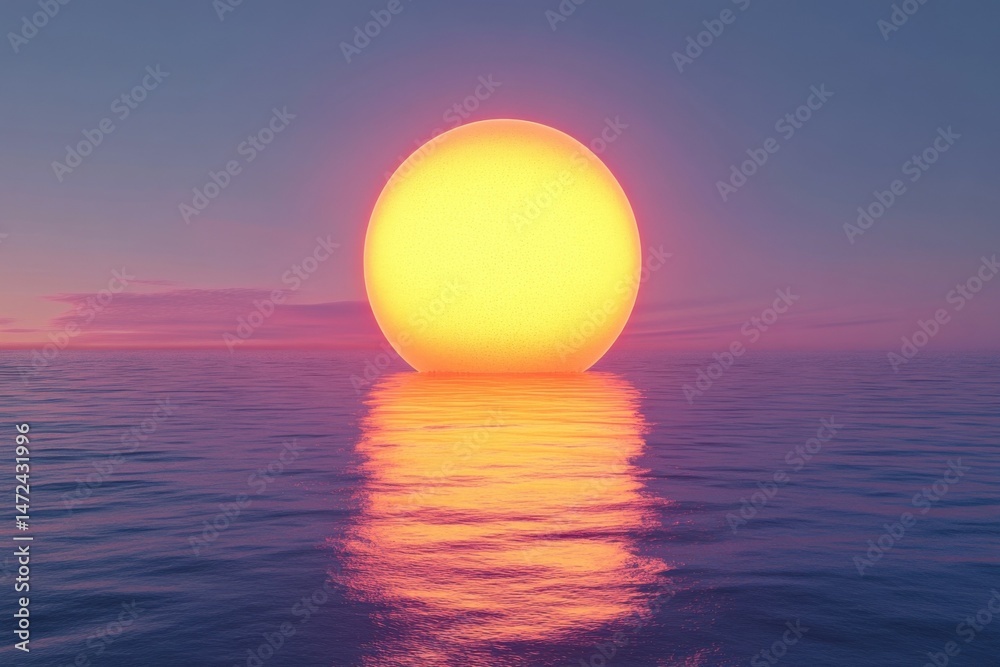 Aufkleber enormous sun setting over a calm ocean, casting a vibrant pink and orange reflection on the water's 