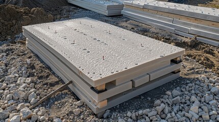 Large concrete panels stacked at construction site ready for installation