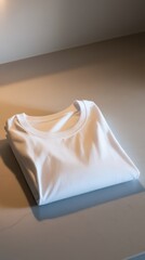Freshly folded white shirt resting on a smooth surface with soft lighting highlighting its clean features and inviting texture
