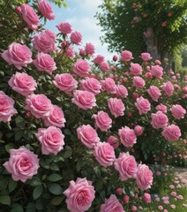 Fototapeta premium Abundant pink roses, lush, vibrant, garden setting, romantic, floral