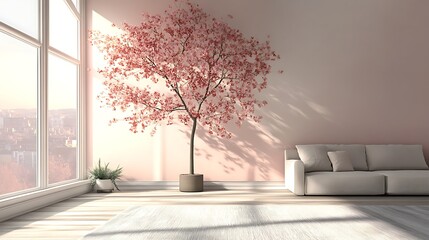 Pink room interior decor with tree