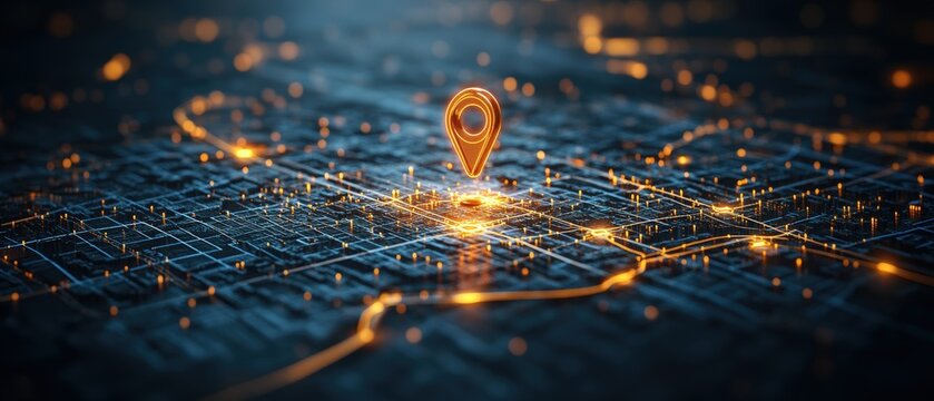 Golden location pin on a digital city map signifies navigation and advanced technological positioning system.