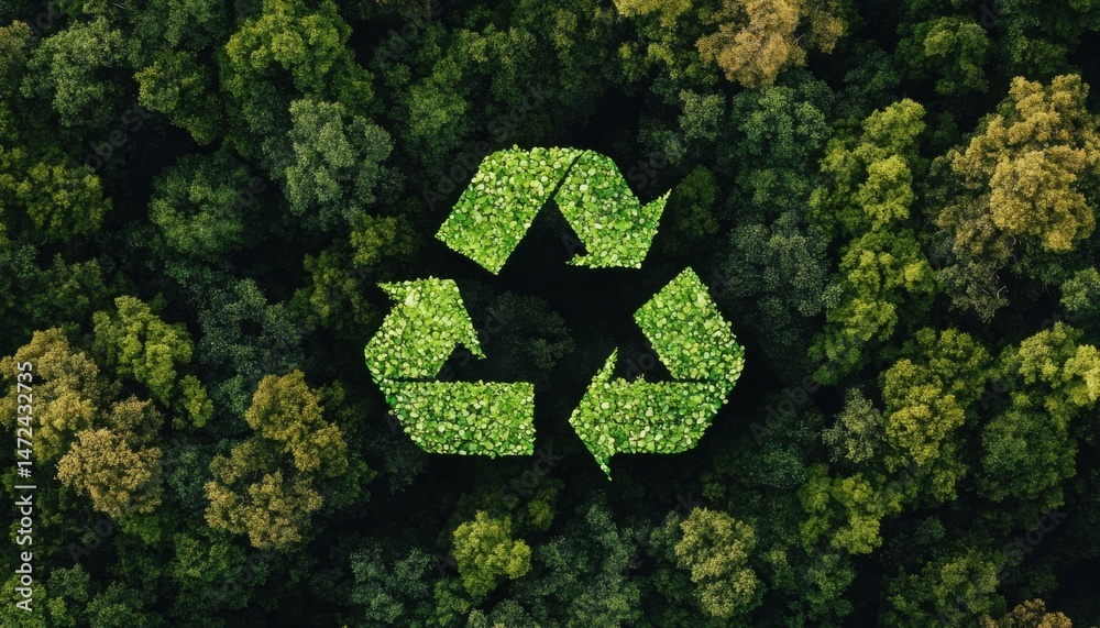 Poster aerial view of a lush forest canopy with a recycling symbol formed from vibrant green foliage, illus