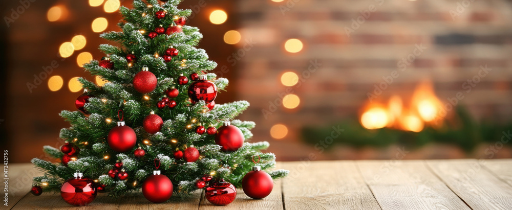 Leinwandbilder a small, snow-dusted christmas tree adorned with red ornaments sits on a wooden table against a blur