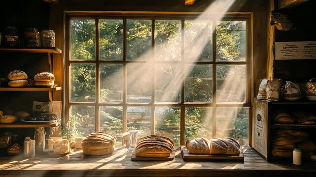 Warm sunlight shines on a bakery window