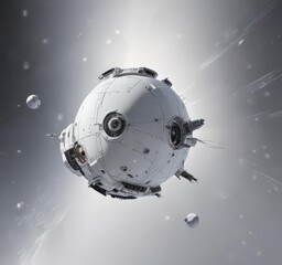 Sleek spacecraft orbits luminous white planet, vast white space backdrop , technology, exploration