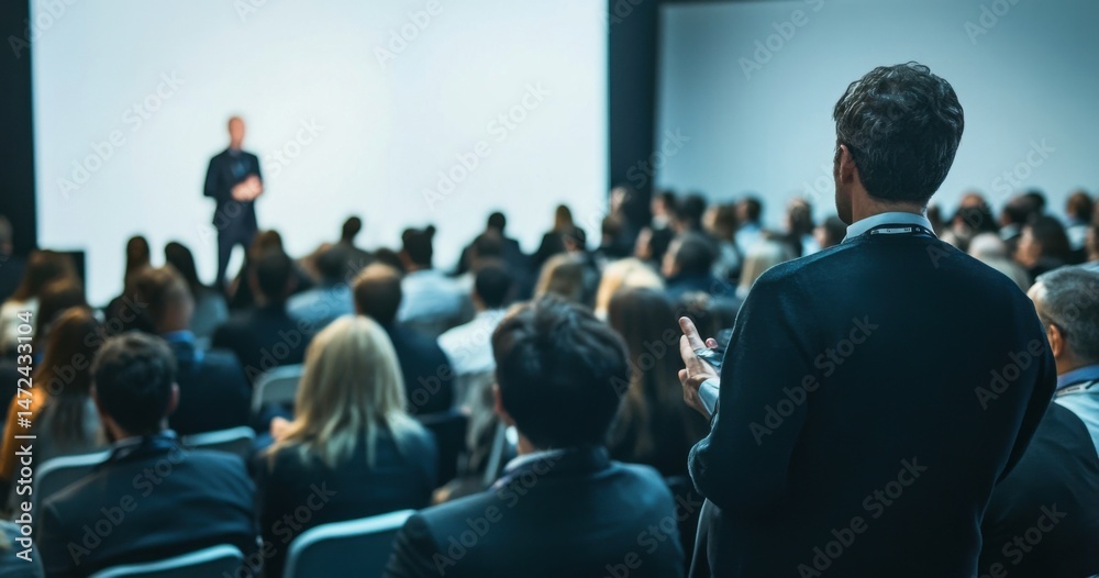 Poster attentive businessman at a large conference, listening intently to a speaker on a large screen, surr