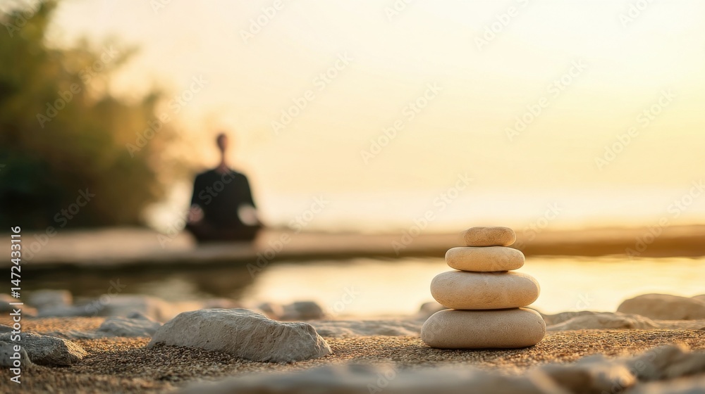 Poster serene sunset scene featuring a balanced stack of stones on a beach with a blurred figure meditating