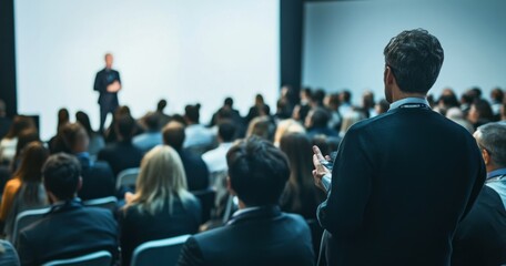 Obraz premium Attentive businessman at a large conference, listening intently to a speaker on a large screen, surrounded by a diverse audience. : Generative AI