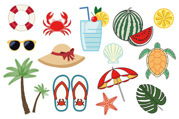 Vector summer beach elements set with crab, turtle, palm trees, sunglasses, sun hat, cocktail, lemon slices, watermelon, seashell, flip flops, umbrella, lifebuoy, starfish, monstera leaf.