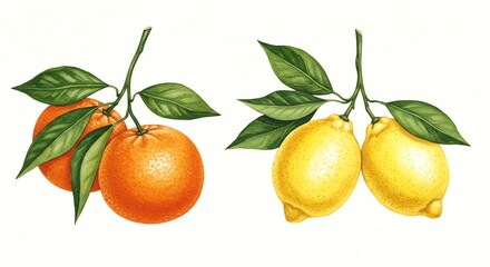 Oranges and lemons with leaves illustration