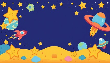 Fototapeta premium Cute cartoon stars, planets & spaceships on a vibrant vector frame background, invitation, playful