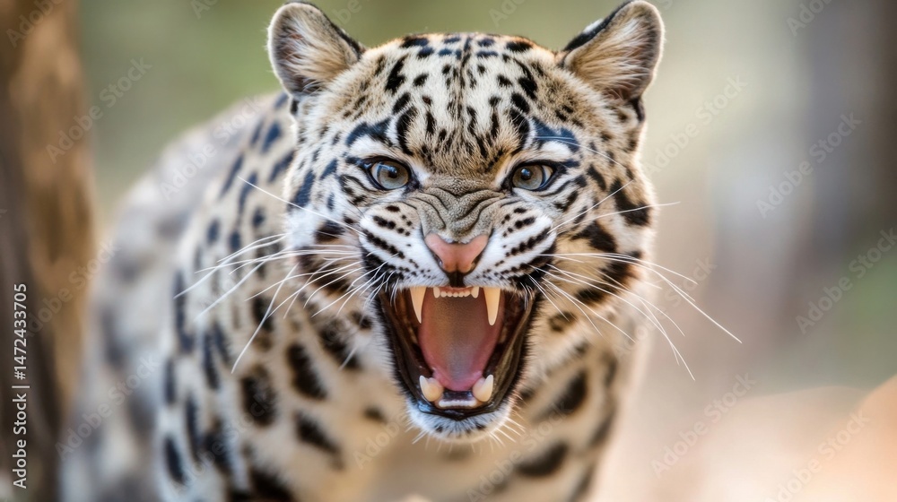 Poster closeup of a clouded leopard snarling, showing sharp teeth and intense gaze, its spotted fur detaile