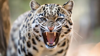 Fototapeta premium Closeup of a clouded leopard snarling, showing sharp teeth and intense gaze, its spotted fur detailed against a blurred background. : Generative AI