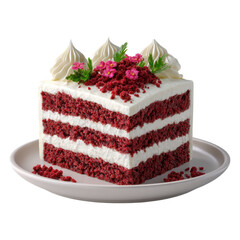 Delicious Red Velvet Cake Slice Decorated with Whipped Cream and Flowers A perfect dessert for celebrations