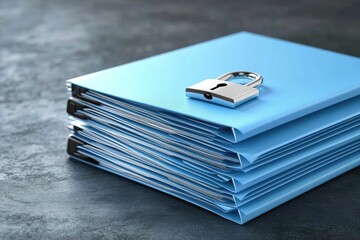 Secure documents in a stack of light-blue folders. A metallic lock rests on top