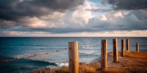 Barbed wire fence against dramatic sky