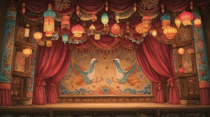 Fototapeta premium Ornate stage with red curtains and decorative backdrop with hanging lanterns.