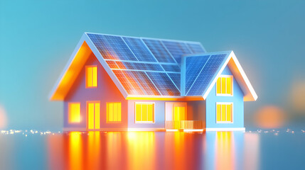 Illuminated house model with solar panels on roof, reflecting on glossy surface