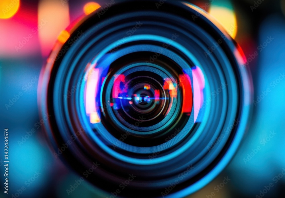 Poster Close-up view of a camera lens with vibrant blue, red, and pink light reflections creating an abstract, circular pattern. : Generative AI