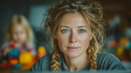 Fototapeta premium A woman with long hair and blue eyes is sitting in front of a table with a bunch of toys