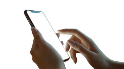Closeup of female hands using a modern smartphone with a bright blank screen in the dark a technology concept image for on transparent background app