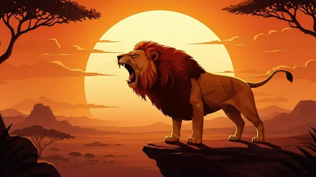 A Majestic Roaring Lion Against Sunset Horizon &ndash; Symbol of Strength in the African Wilderness, Generative AI