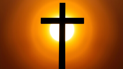 Black Cross Silhouette with Golden Halo in Background Spiritual Contrast, Divine Light, Faith Symbol, Sacred Design

