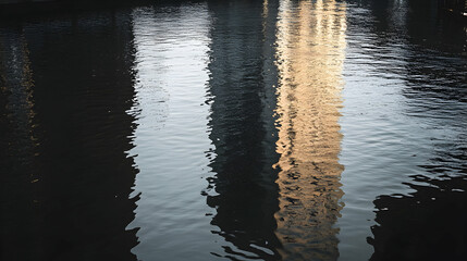 A tall building reflected in calm water creating a mirrored effect.