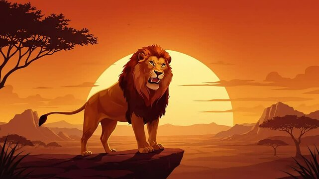 A Majestic Roaring Lion Against Sunset Horizon &ndash; Symbol of Strength in the African Wilderness, Generative AI