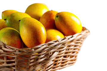 Ripe yellow mangoes in a rustic brown wicker basket fresh tropical fruit delicious summer harvest healthy vitamins sweet on transparent background