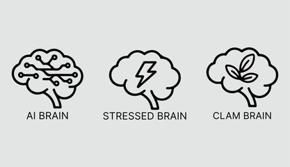 ai brain, stressed brain, clam brain, monochrome, line art, minimalist, simple, black and white, vector illustration.
