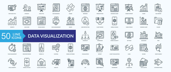 Data visualization icon collection set with data analytics, business chart, market report, online graph, data management
