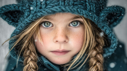 A young girl with blue hair and a blue hat is staring at the camera. The image has a playful and whimsical mood, as the girl's blue hat and blue hair make her stand out. The girl's gaze is intense